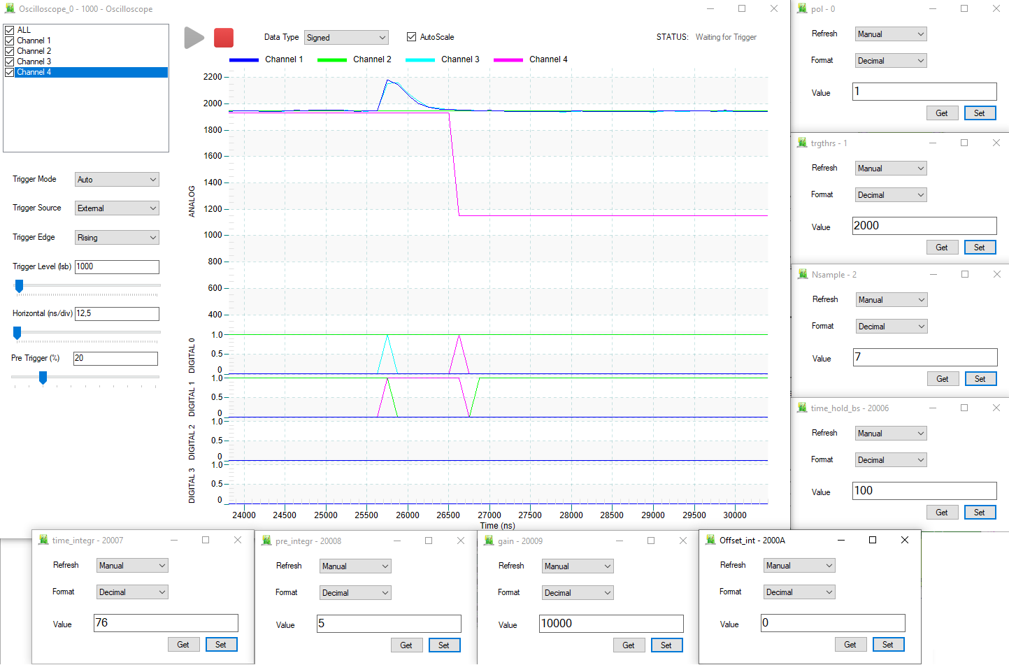 Screenshot of the Resource Explorer readout software with the oscilloscope view of all internal QDC signals