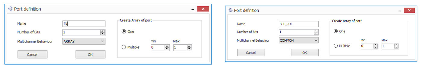 The port definition dialog: ARRAY on the left, COMMON on the right